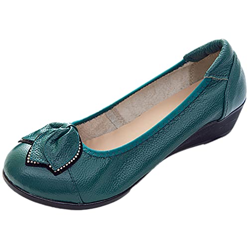 Jamron Femmes Cuir Véritable Chaussures de Confort Semelle Souple Ballerines Bas Talon Compensé Chaussons Vert SN070358 EU42