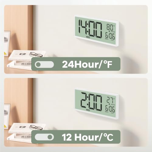 Image of JALL Large Digital Wall Clock Battery Operated, Wall Clock with Big Numbers LCD Display, Digital Clock with Simultaneous Date Day Temperature, Auto DST, Clocks for Office, Gym, Bedroom, Elderly- White