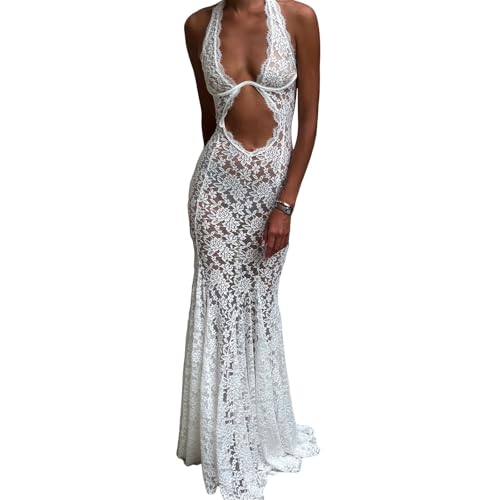 Edhomenn Maxikleid für Damen, Spitze, Blumenmuster, Neckholder, ausgehöhlt, Sommer, rückenfrei, durchsichtig, Netzstoff, einfarbig, V-Ausschnitt,...