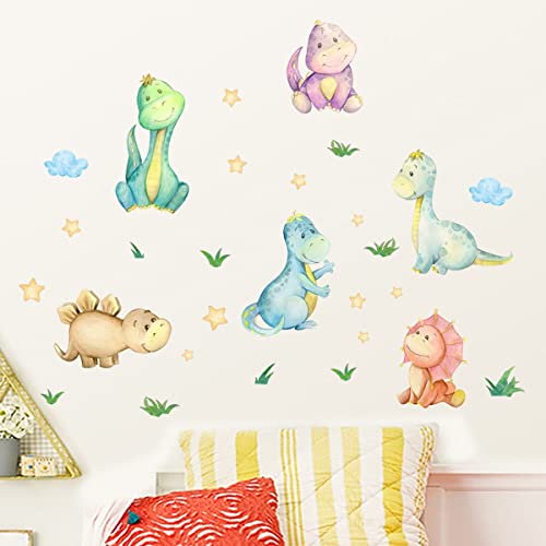 fanquare Colorful Cartoon Dinosaur Wall Decal Watercolor Wall Stickers Decoration with Stars, Grass, Clouds - Image 2