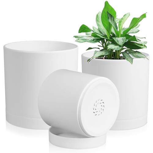 Homeuouz 3 Packs Blumentopf mit Untersetzer, 15.2cm/12.7cm/10.7cm Pflanzentopf, Plastik Übertopf, Hydrokultur Topf, Blumentöpfe Set Ideal für Innen und Balkongärten, Weiß