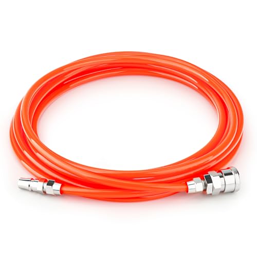 TAILONZ PNEUMATIC Orange 5M PU air Spiral Hose with 8mm Outer Diameter, (with Quick Coupling and Plug Nipple, PU Hose Material)