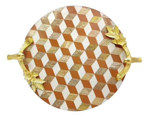 Image of Wooden Circular Round Tray Patch Work Solid Wood with Metal Gold Handle Tray For Kitchen | Heavens Craft | Serving Trays | Wooden Tray | Kitchen & Dining Decorative Tray(Round Orange)