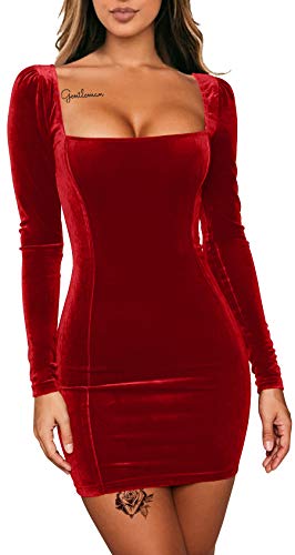 GOBLES Womens Sexy Velvet Long Sleeve Bodycon Elegant Mini Party Dress Red