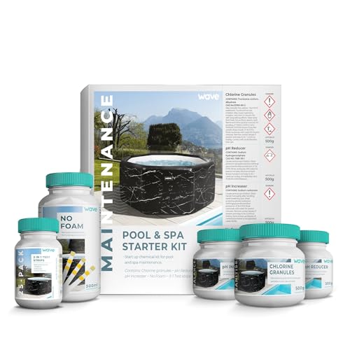 Image of Wave Hot Tub Chemicals Starter Kit for Hot Tub and Spa Water Treatment – Contains Chlorine Granules, pH Plus, pH Minus, No Foam and Test Strips