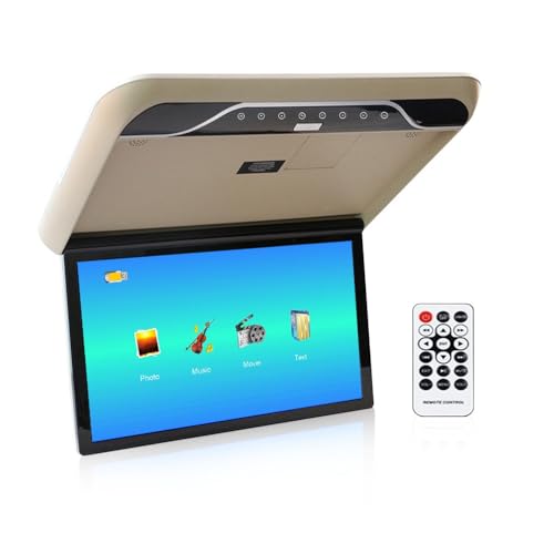 Kunfine Car 19 Inch Overhead Monitor Screen Display LED Vehicle Flip Down Roof Mount Console HDMI TV Player Control Panel NO DVDï¼ˆBeigeï¼‰