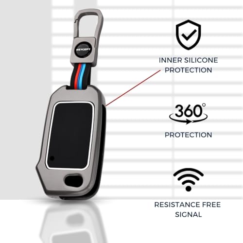 Image of KEYCEPT Metal Key Cover Compatible with Kia Seltos | Sonet | Carens 3 Button Flip Key (Dual Black & Tan).