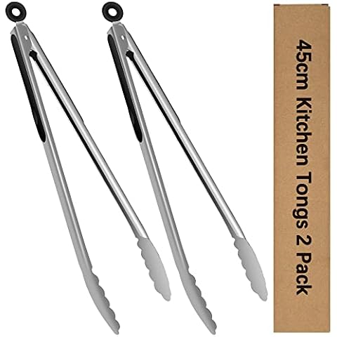 Grillzange Edelstahl, 45 cm Lang metall Küchenzange Hitzebeständigem Silikongriff, Klick Verriegelbare Grillzange zum Kochen, Grillen, Buffet, Barbecue, 2er set Cover