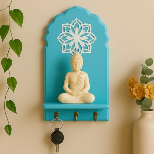 Image of Globally Indian Engineered Wood Keys Holder for Wall with Shelf, Mandala Design Key Stand Organizer for Home Entrance, Decorative Key Hanger for Wall, Entryway, Living Room, Floating Wall Shelf (Blue)