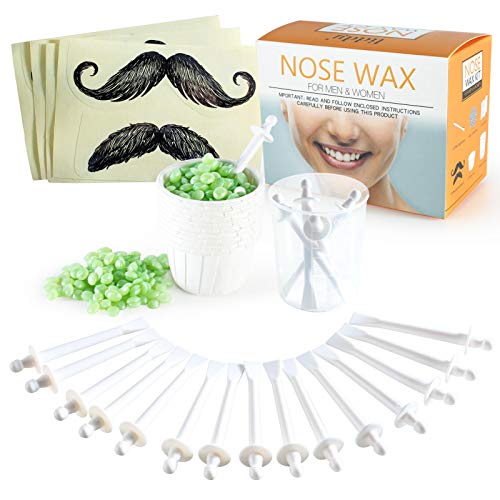 Nose Waxing Kit for Men and Women, Nose Wax Kit for Eyebrows Ears Lips Facial Nose, 50g Wax 20 Wax Applicators 10 Nose Wax Box 1 Measuring Cup 8 Moustache Stencils Full Set Nose Hair Removal Kit, Quick and Painless At Home Waxing Kit