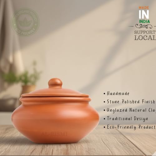 Image of AL-BISMI 1.3 Liter Chini Mitti Ke Bartan Clay Cooking Pot with Lid, Earthen Curd Pot, Biryani Handi, Curd Maker