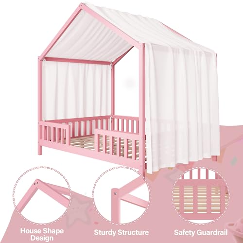 Image of Floor Bed with Canopy, High Railings and Roof, Full Size Wood House Bed Frame for Kids Bedroom (Pink /C)