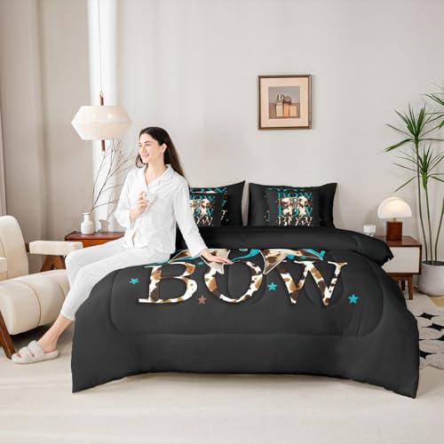 Image of Cowhide Bow Full Size Bed Sheets and Comforter Set | Dreamy Princess Style Bowknot 7-Piece Bedding Set Cow Print Bow Tie Bed in a Bag, Kawaii Geometric Bow-Tie Bed Sets,Cute Room Decor Aesthetic