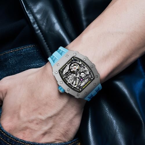 Image of TSAR BOMBA Men's Automatic Watch Tonneau Luxury Skeleton Watches for Men Mechanical 50M Waterproof Analogue Watches Mens Unique Cool Square Big Face Dial Wristwatch with Silicone Strap Band
