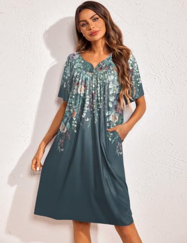 Image of Ekouaer 2 Pack House Dresses for Women with Pockets Short Sleeve Moo Moos | Floral Print Mumu Dresses, V-Neck Pleated Nightgown, Soft, No-Pilling, Wrinkle-Free Moomoo Dress for Home & Garden, S-4XL