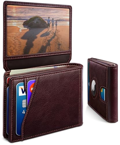Image of miyozi AirTag Wallet for Men, Slim Leather Bifold with Holder Slot, 2 ID Windows & 13 Card Slots, RFID Blocking Front Pocket Wallet with Gift Box