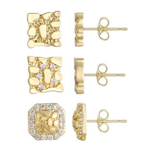 3 Pairs 14K Gold Plated Rough Square Nugget Earrings For Men and Women Unisex hip hop Textured Cookie with CZ 12mm (0.48inches) and 14mm (0.56inches)(Large)