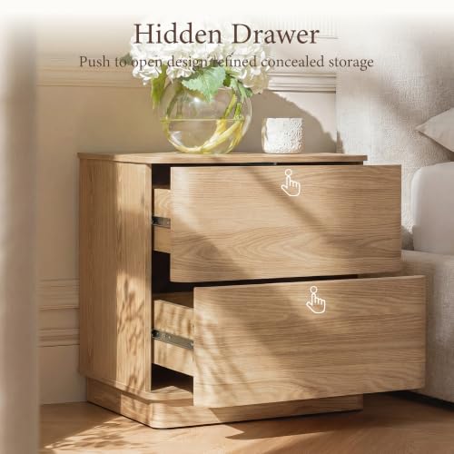 Image of Yechen Nightstand with 2 Push to Open Drawers Storage | 22'' Rounded Eges Bedside Table with Hidden Drawer, Modern Wooden End Tables for Bedroom, Curved Profile, Natural Oak