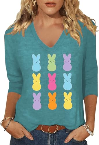 Image of Woffccrd Womens 3 /4 Sleeve V Neck T-Shirts Valentina's Day Spring Shirts Love Heart Printed Graphic Tees