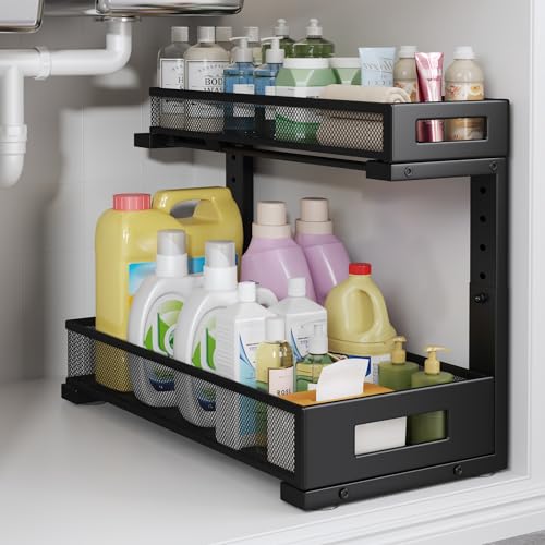 Image of 1 Pack 17IN Depth Under Sink Storage Organizer, Large 2-Tier Elegant Mesh Pull Out Shelf for Kitchen and Bathroom Cabinet Organization, L-Shaped and Adjustable Height Design-Black