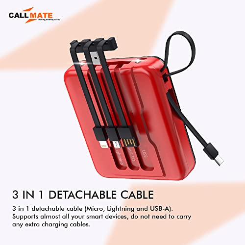 Image of CALL MATE DX03 Power Bank 10000mAh Li-Polymer with 2.4 Fast Charging with 1 USB Port and 2 Input (Micro, Type C),Semi Digital Battery Indicator, in-Built 3 in 1 Detachable Cable (Red)