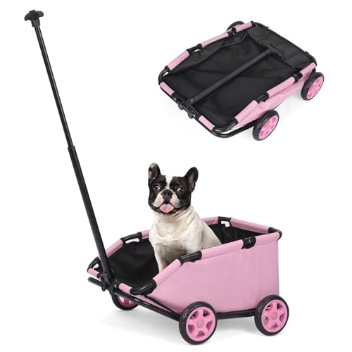 AESRAOU Mini passeggini per cani di piccola taglia, carrelli pieghevoli multifunzionali con maniglia estesa, cuscino e corda di sicurezza con borsa (rosa)