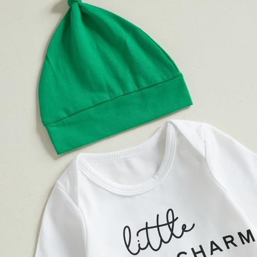 Lamuusaa Newborn Baby Boy St. Patricks Day Outfit Little Lucky Charm Romper Shamrock Long Pants Hat 3Pcs Clothes Set2
