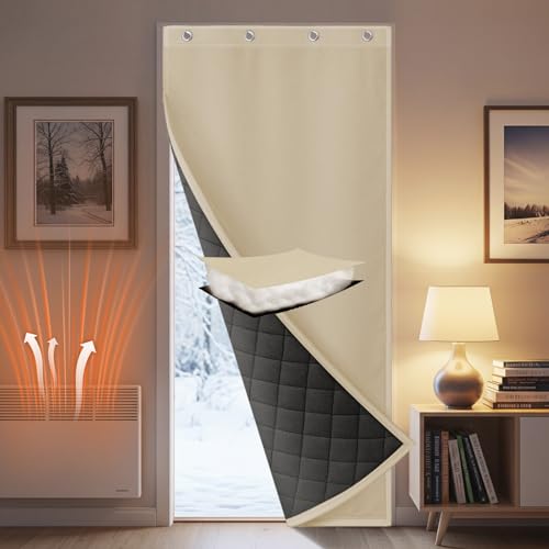 PLODAXE Türvorhang Kälteschutz Selbstklebend, Wasserdicht Dicker Wärmeschutzvorhang Tür Thermovorhang mit Ösen, 1 Stück, Gegen Kälte und Hitzen für Haustür, Schlafzimmer(Beige, B82xH204cm)