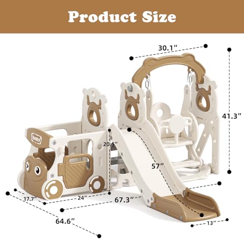 Image of XJD 10 in 1 Toddler Slide, Kids Slide for Toddlers 1-3, Toddler Play Climber Slide Playset with Basketball Hoop and Ball,Toddlers Outdoor Indoor Playground (White Brown, Medium)