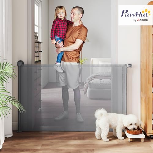 Pawhut Retractable Stair Gate For Dogs, Pet Gate, Extends To 140 Cm Wide & 93 Cm Tall, One Handed Operation, For Stairs, Hallways, Doorways, Indoor And Outdoor, Grey - 2
