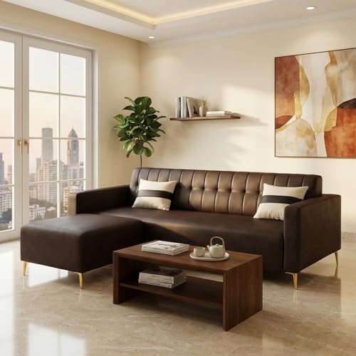 Image of SOCOZI Anton 4 Seater L Shape Sofa Set with Movable Ottoman | Flexible Left or Right Layout | Premium Leatherette with Golden Metal Legs |Sofa for Living Room (Brown Leatherette)