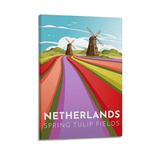 Champs de tulipes et moulins poster voyage Pays-Bas pour une déco de salon moderne et zen