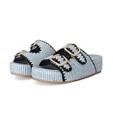 WJZDSJCO Raffia Sandals for Women Platform Slide Sandals Espadrille Straw Beach Adjustable Double Buckle Summer Comfortable Cute Woven Casual Shoes Blue