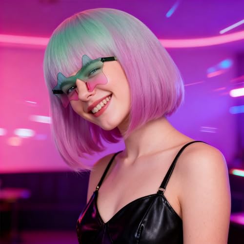 Image of ANOGOL Hair Cap + (Sunglasses) Teal Pink Gradient Bob Wig with Bangs Womens Party Wigs with Star-Shaped Glasses Short Neon Wig Daily Party Fun Wigs Women Halloween Costume Bachelorette Hair