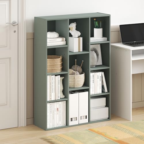 Image of Furinno LUDER Book Shelf, 11-Cube Bookshelf, Reversible Bookcase, 9.4 x 29.1 x 41.7, Easy Assembly, for Living Room, Bedroom, Home Office, Sage Green