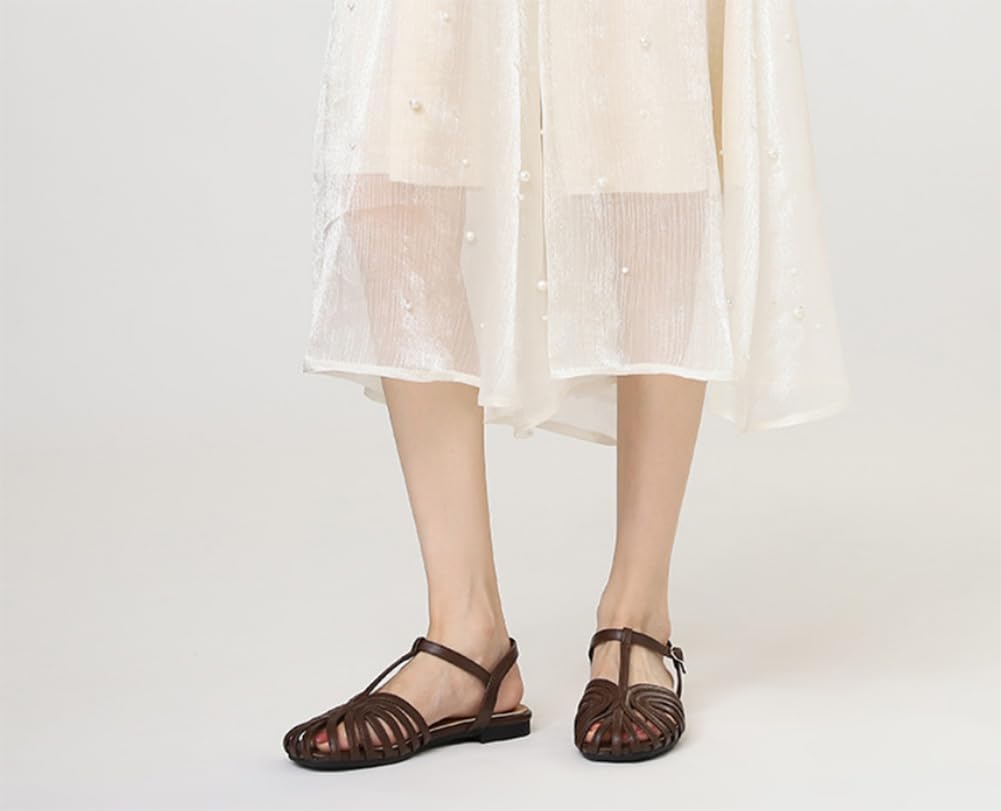 EFLALYHG Sandalias Planas Romanas Cerradas para Mujer, Sandalias con Tira en T y Hebilla Ajustable en el Tobillo, Zapatos Planos Casuales de Verano,Café,42