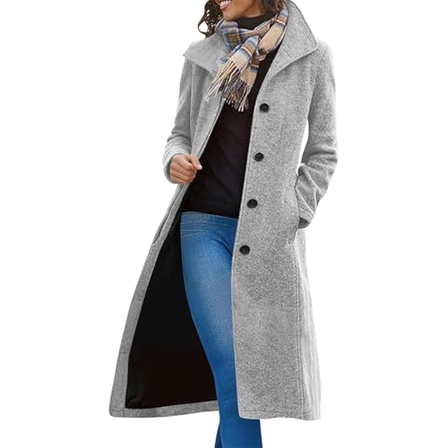 Pea Coats for Women Casual Thicken Wool Blend Lapel Single Breasted Long Wool Coat Winter Jackets with Pockets (Gray,Medium)