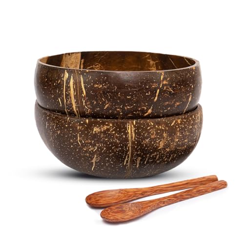 Image of Thenga Jumbo 900ML Artisan Coconut Shell Bowls & Spoon Set | Eco-Friendly Handmade Wooden Bowls for Smoothie, Salad, Breakfast, Buddha Bowls & Meals | Set of 2 from Kerala