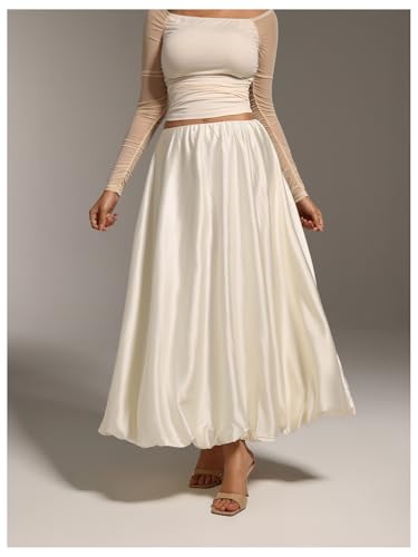 MakeMeChic Women's Satin Bubble Skirt Elastic Waist Loose Fit A Line Long Skirts3