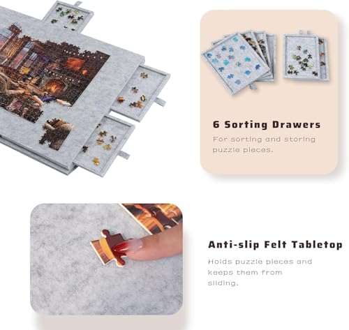 طاولة تركيب أحجية صور مقطعة بحامل مدمج قابل للتعديل ودعامة و3 زوايا إمالة وجزء علوي من اللباد وخفيفة الوزن بغطاء مانع للغبار و4 أدراج فرز ومناسبة للأحجيات حتى 1000 قطعة من يلا جوي، رمادي فاتح