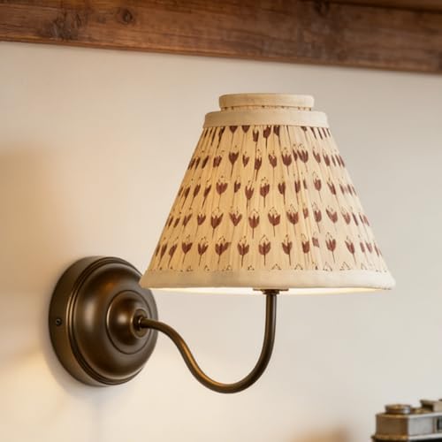 Mid-Century Modern Wall Sconce - Aged Brass Hardwired with Poiret Fransen Linen Shade, 12.2” Textured Lighting Fixture for Bedroom, Hallway by Fireplace