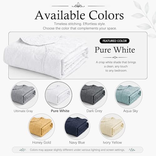 Image of HZ & HY Oversized Queen Bedspread, Stitched Paisley Quilt Set Queen Size, Lightweight Reversible Coverlet, Scalloped Edge - Clean Classic Look, 5 Piece, White