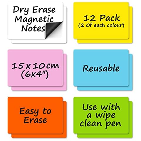 12 Pack - 15x10cm (6x4") Magnetic Planning Labels in 6 colours for use on Wipe Clean Boards, Fridges etc. Dry Erase Whiteboard Magnetic Tiles for Office, Classroom or Home - Easy to Clean & Reuse Cover