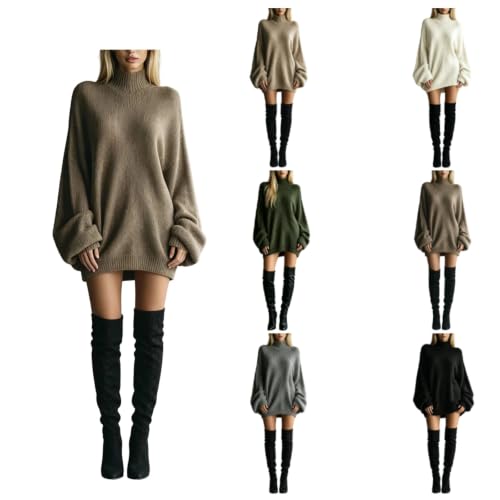 TRCELECTROP Turtleneck Sweater Dress for Women 2026 Fall Oversized Long Sleeve Short Dress Winter Chunky Knit Mini Dresses Coffee - image 1