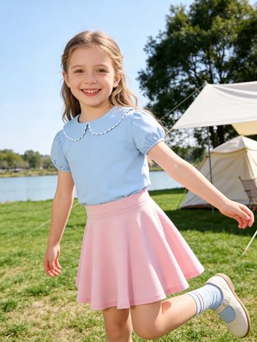 Image of 12M-14Y Toddler Baby Girls Peter Pan Collar Blouse Kids Girl Solid Color Puff Sleeve T-Shirts Casual Tee Tops