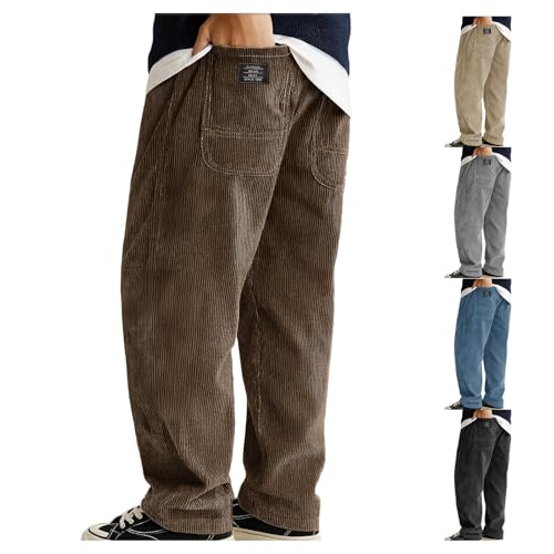 Mokaloha Mens Corduroy Pants Vintage Ribbed Baggy Sweatpant Drawstring Elastic Waist Embroidered Trousers with Pocket