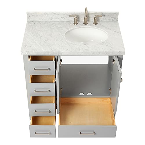 Dkb Beckford Series 37" Inch Bathroom Vanity Cabinet In Grey | Single Right Offset Oval Sink | Carrara White Marble Countertop | 2 Soft Closing Doors | 5 Full Extension Dovetail Drawers | No Mirror #TOP3