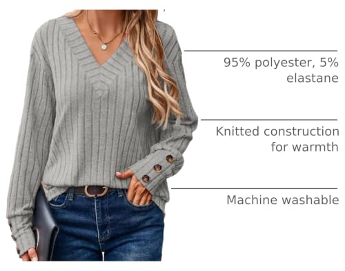 Image of Dokotoo Womens Tops V Neck Lightweight Sweater Fall Long Sleeve Top 2026 | Decorative Buttons, Soft Breathable Knit Material, Pullover Tunic Tops, Business Casual, Fall Outfits, Winter Clothing 2026