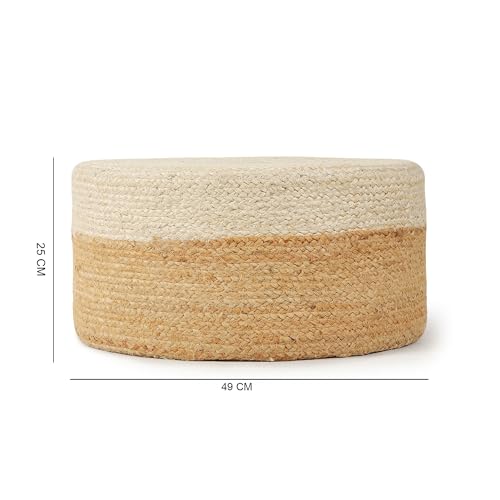 Image of Habere India-All the Cultures Fabricating India Ottomans for Living Room | pouffe Stool | Ottoman Stool | Jute pouffes for Sitting - White, Round (L: Dia49xH25 cm)