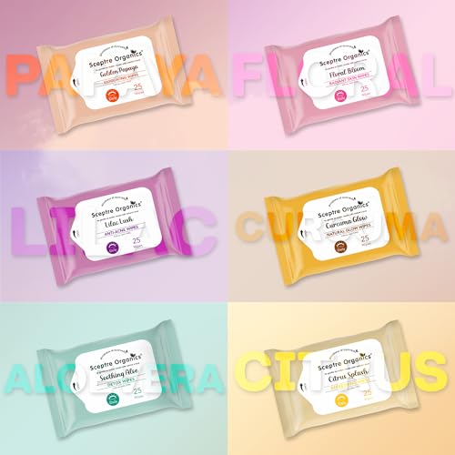 Image of Sceptre Organics Golden Papaya Exfoliating Facial Wipes | Gentle Exfoliation With Honey | Removes Dirt,Oil & Makeup | Alcohol-Free, Travel-Friendly | Pack of 3 (75 Wipes)